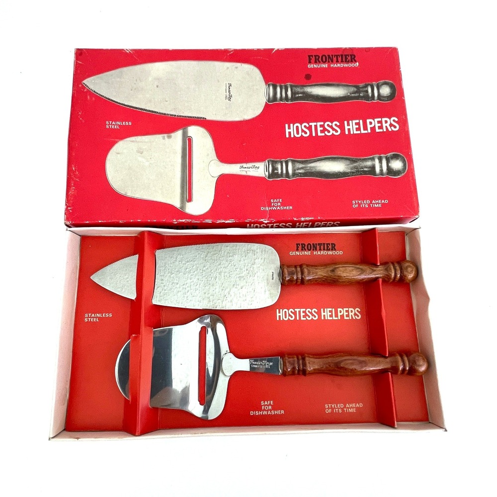 Vintage Frontier Forge Hostess Helpers Cheese Slicer Pie Server Set Wood Handle